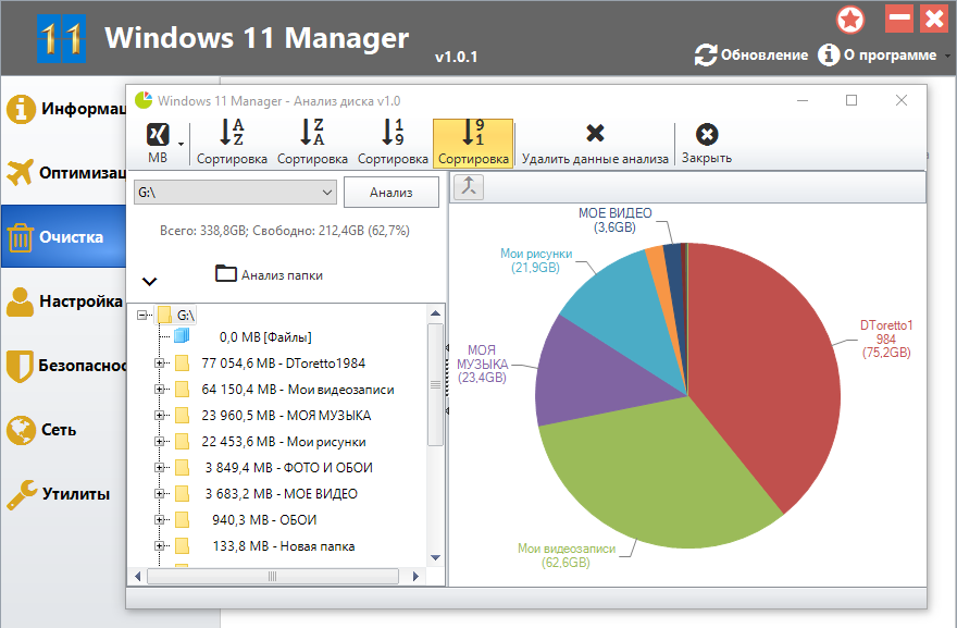 Аналитический менеджер. Анализ диска. Windows 11 Manager.