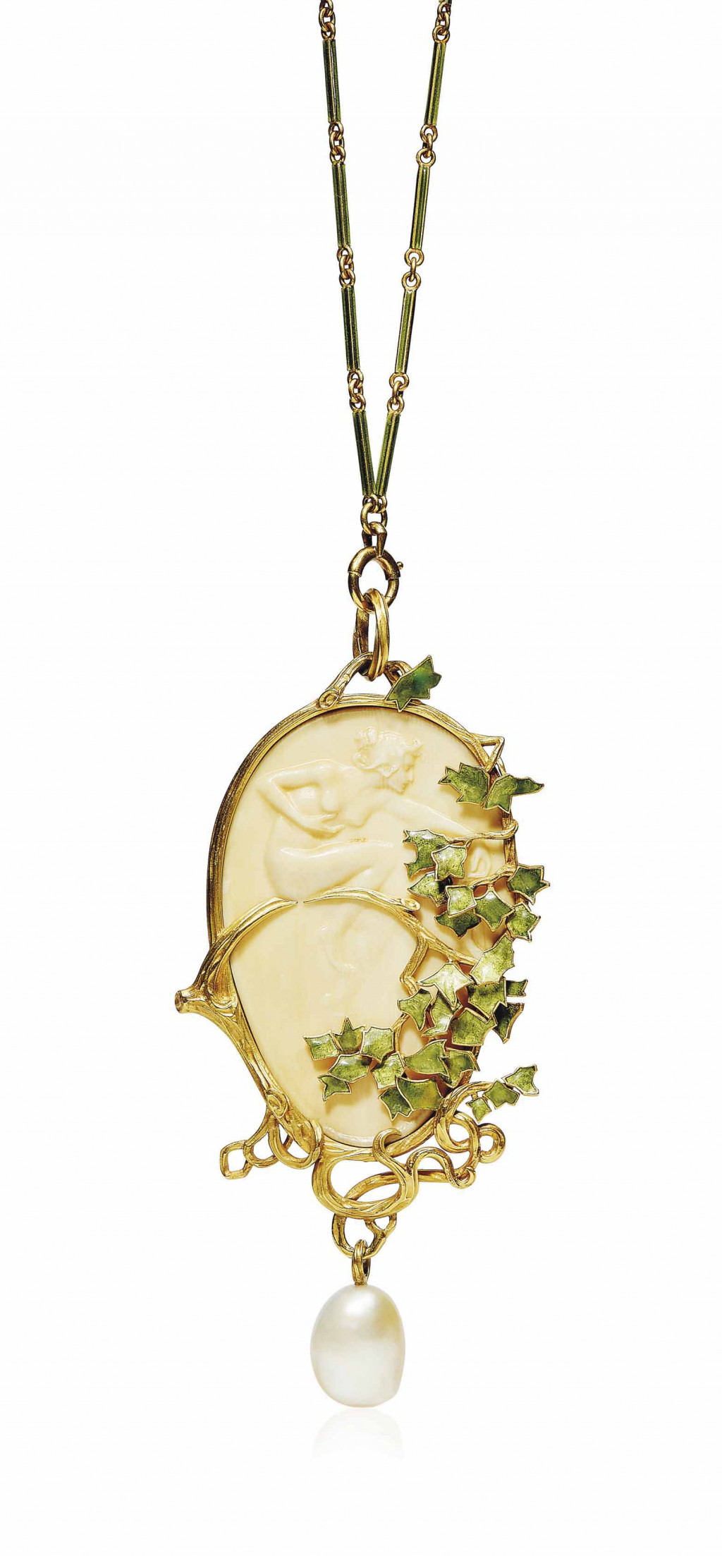 AN ART NOUVEAU GALALITH, ENAMEL AND PEARL PENDENT NECKLACE, BY REN? LALIQUE.jpg