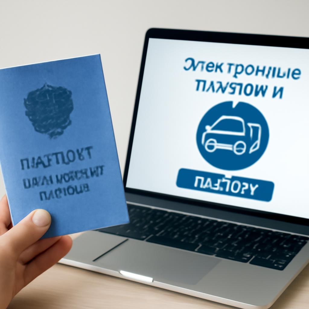 Сравнение синего бумажного ПТС и интерфейса портала электронных паспортов на экране ноутбука