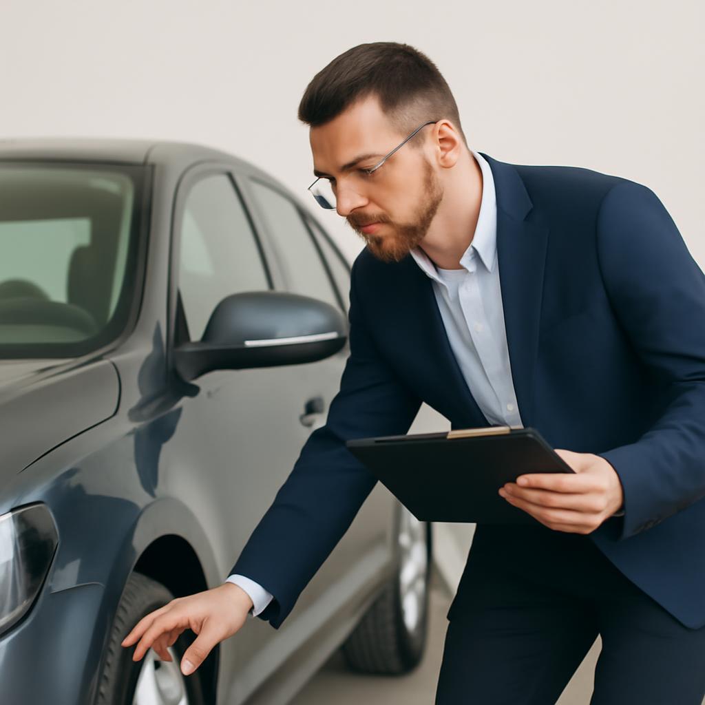 Специалист компании по выкупу осматривает кредитный автомобиль перед сделкой