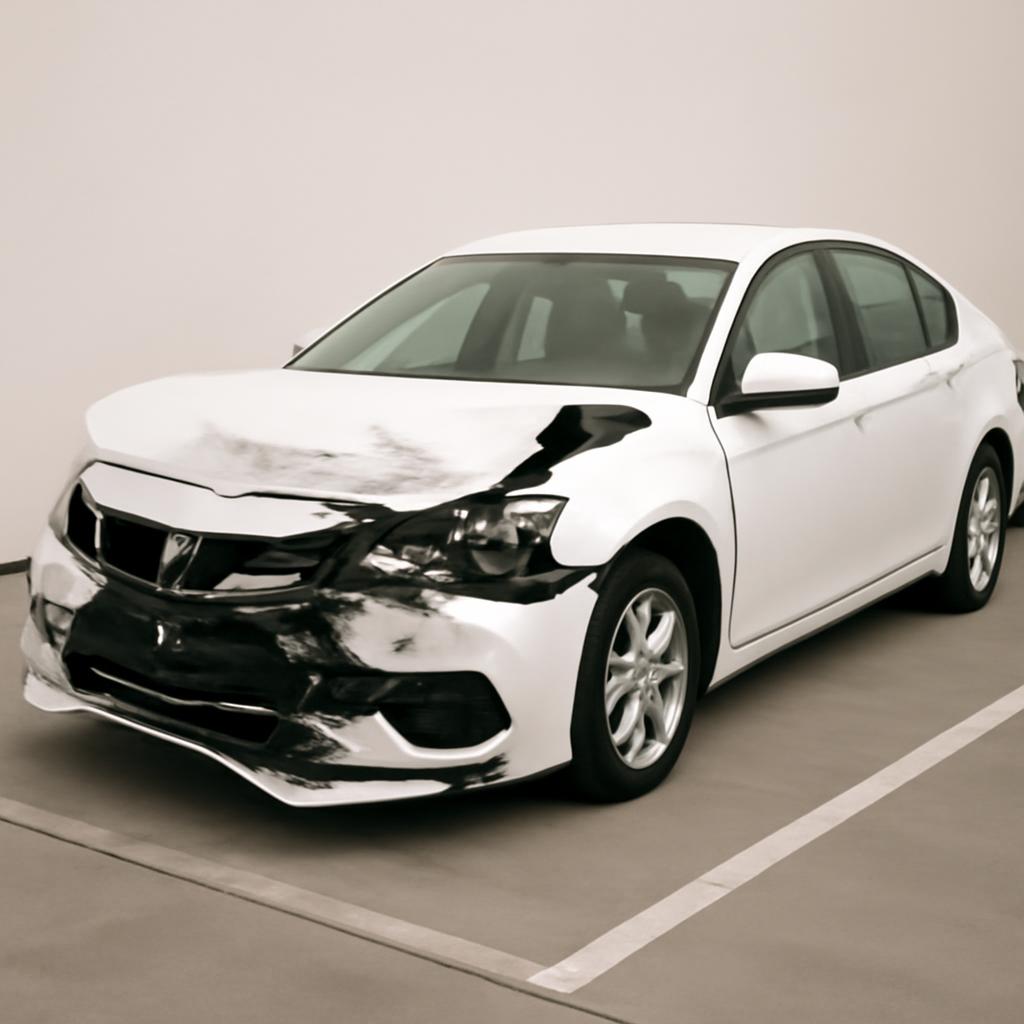 Поврежденный белый автомобиль после ДТП стоит на парковке