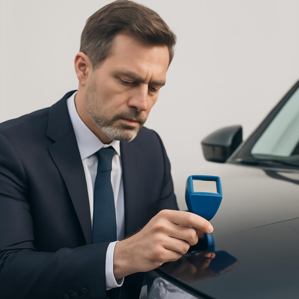 Эксперт-оценщик использует толщиномер для проверки лакокрасочного покрытия автомобиля