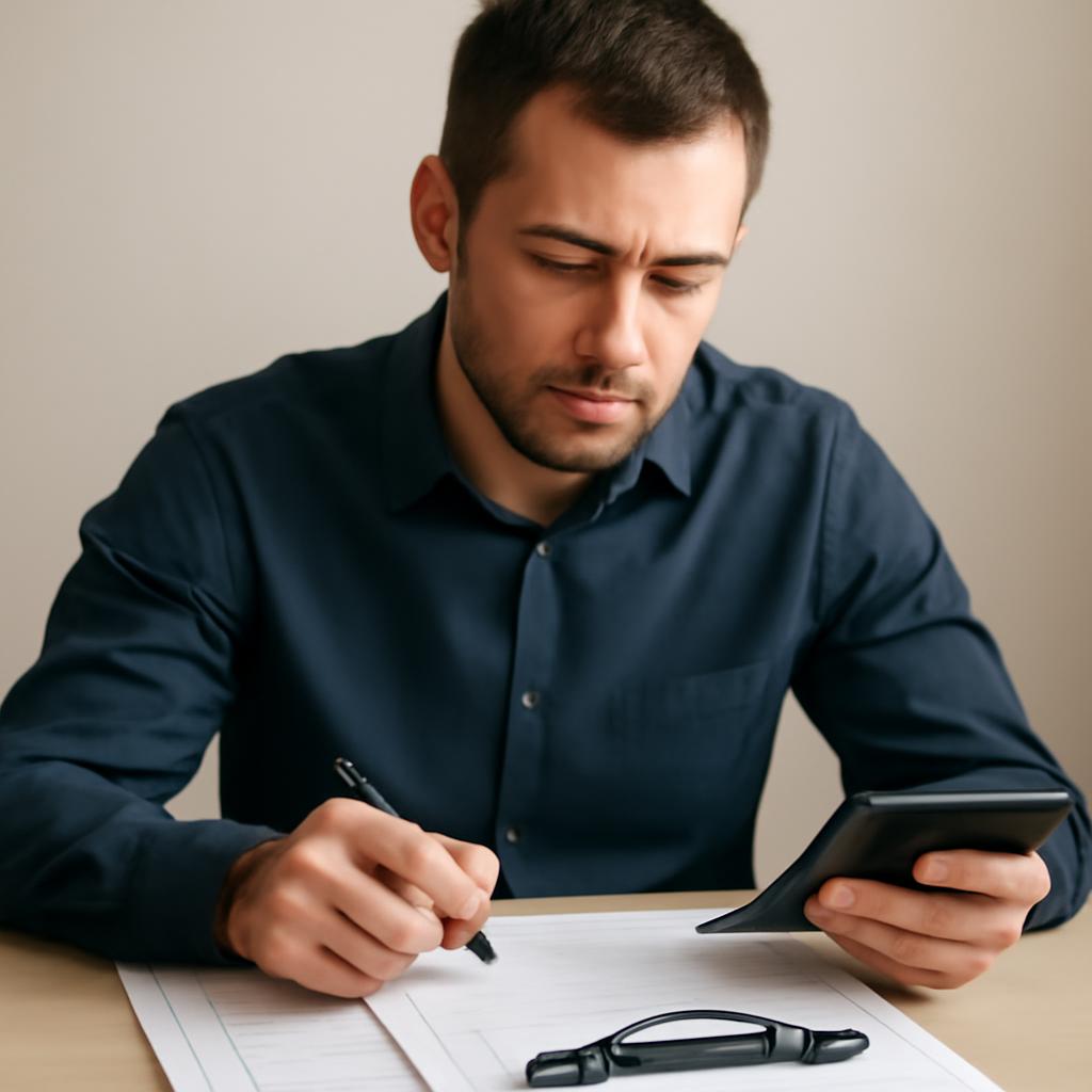 Человек с калькулятором и документами на автомобиль, рассчитывающий сумму налога к уплате