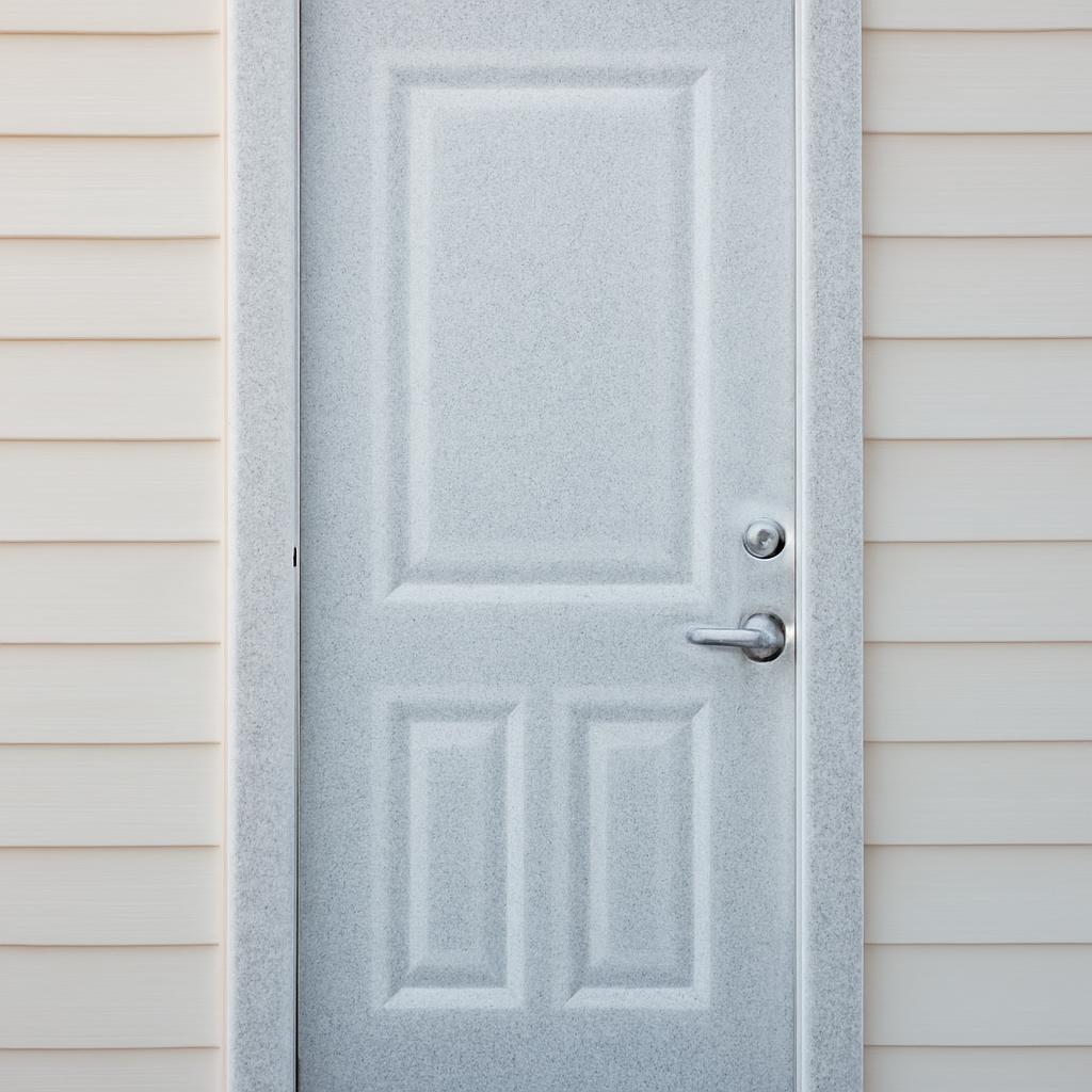 Входная дверь в загородный дом, покрытая инеем из-за отсутствия терморазрыва