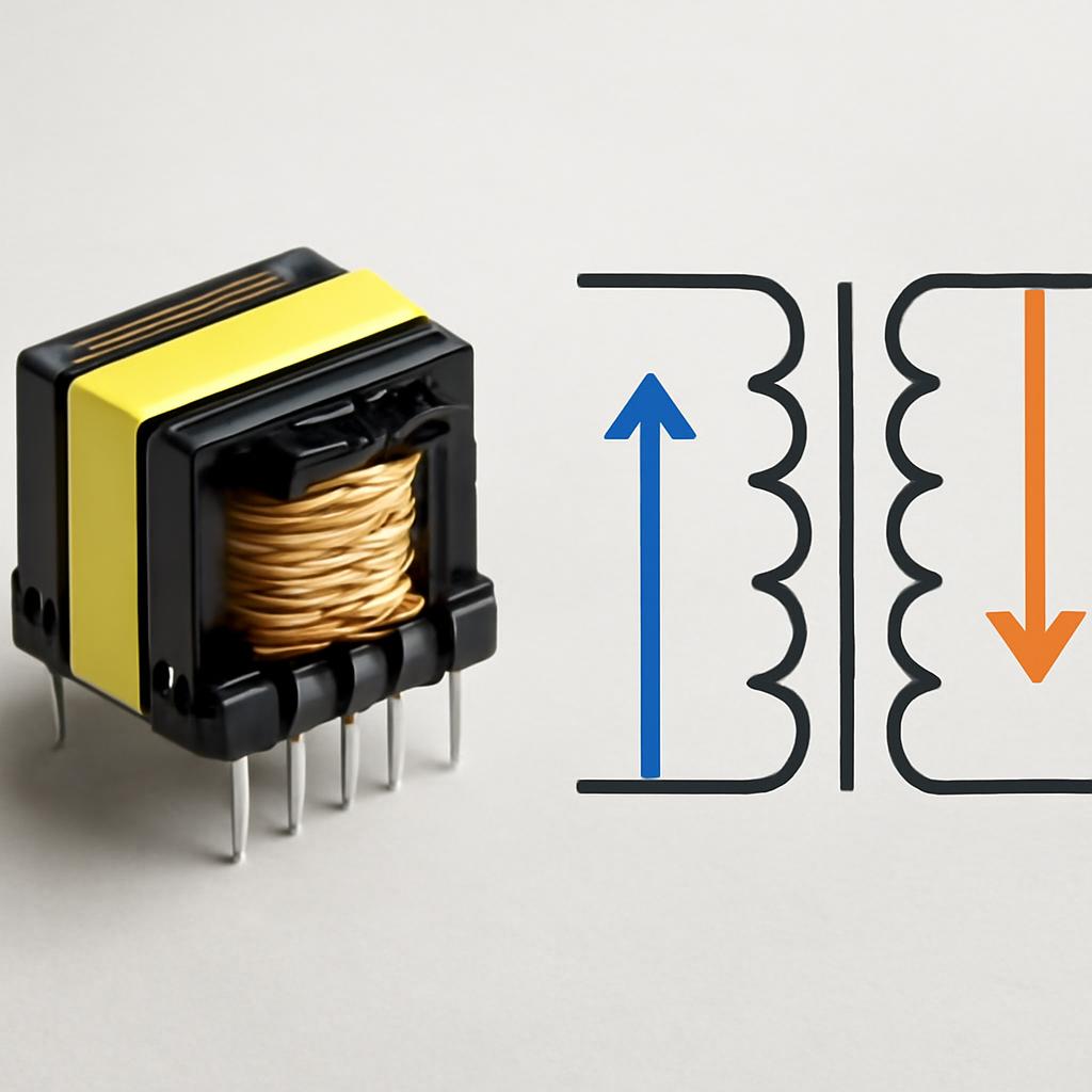 Схема, иллюстрирующая фазировку обмоток импульсного трансформатора