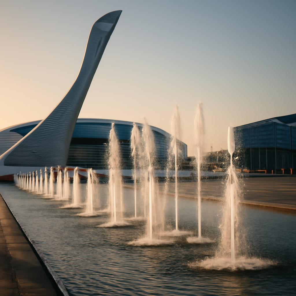 Олимпийский парк в Адлере с фонтанами и современными зданиями