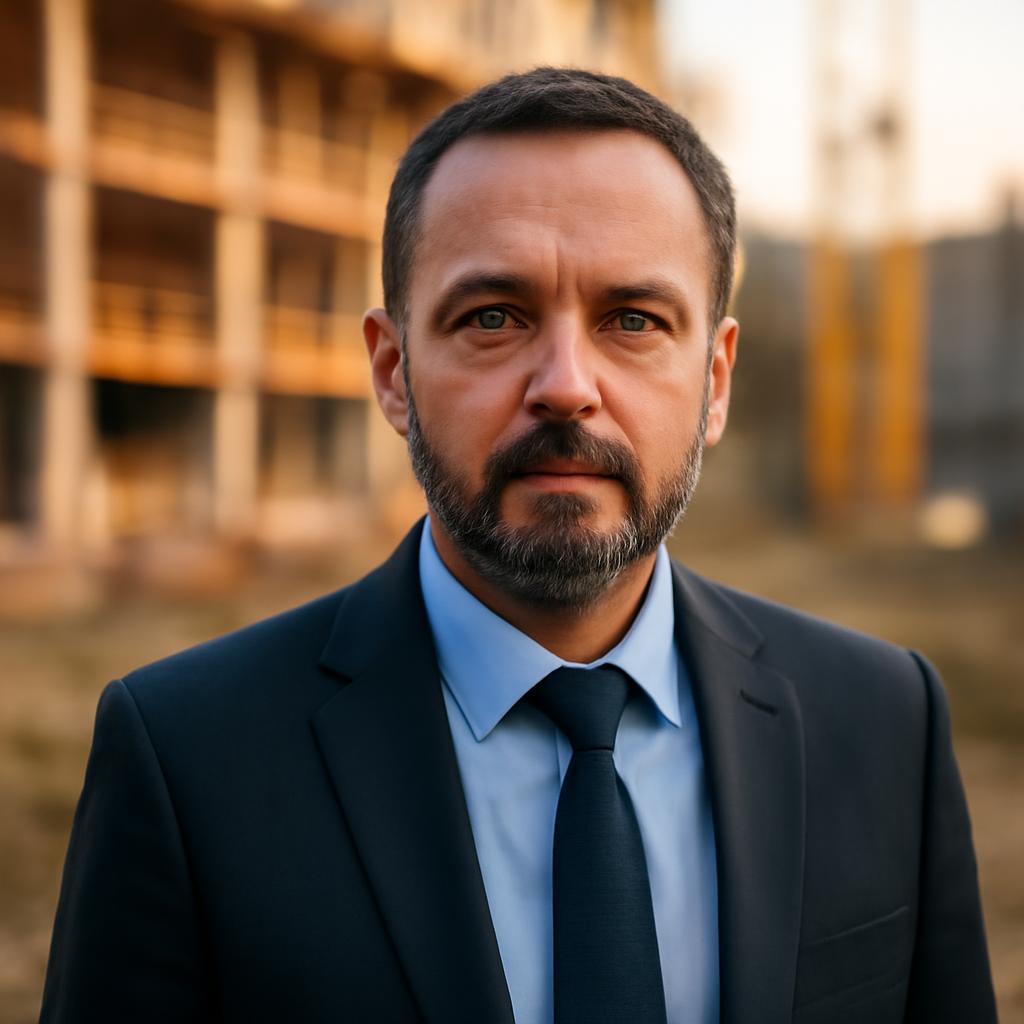 Дмитрий Козлов — портрет автора статьи, мужчина средних лет в профессиональной одежде на фоне строительной площадки