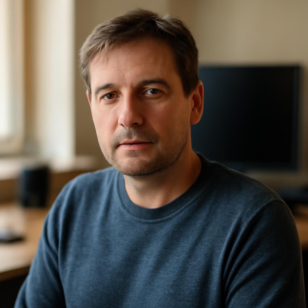 Виктор Соколов — портрет автора статьи, мужчина средних лет в casual одежде на фоне компьютерного рабочего места