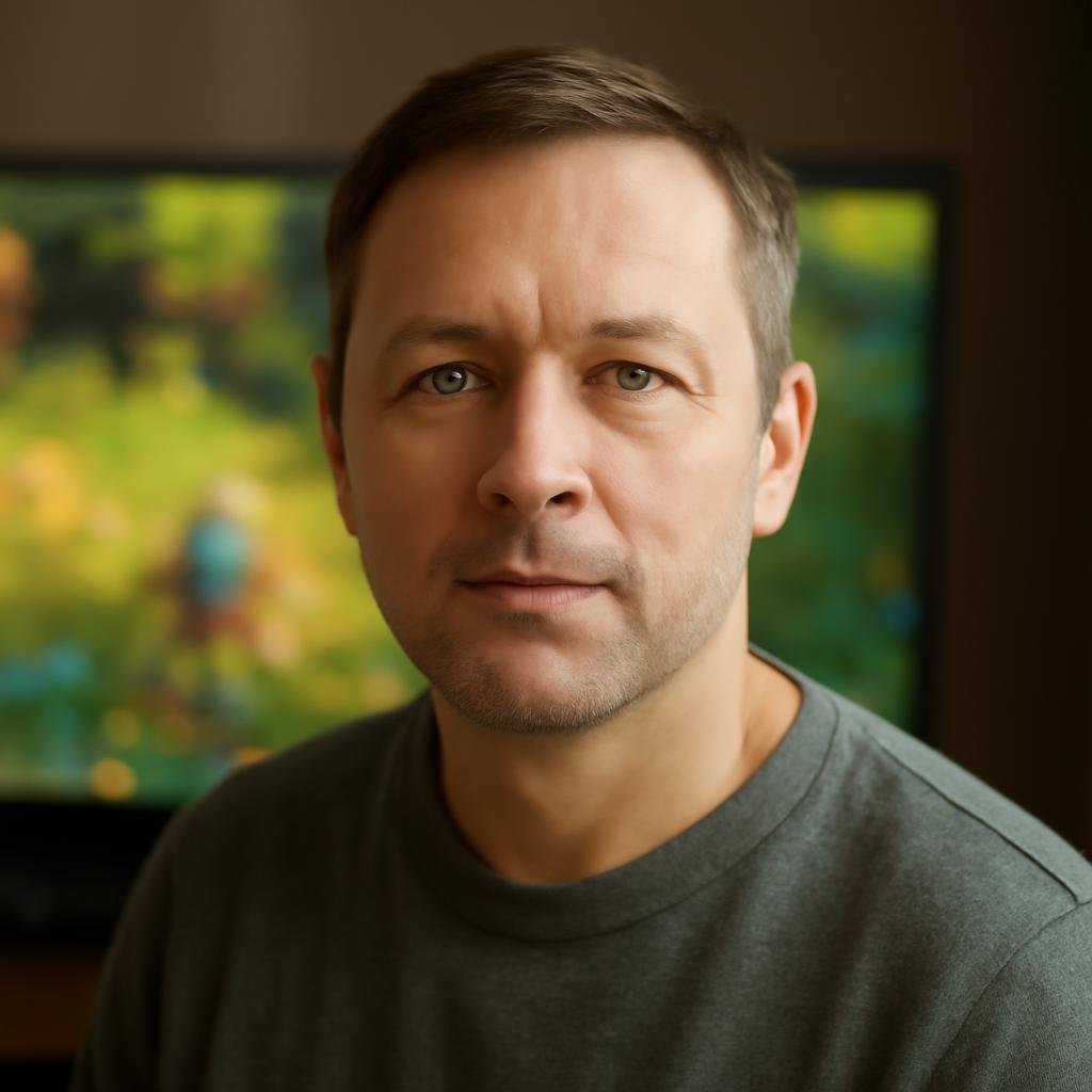 Алексей Белов — портрет автора статьи, мужчина средних лет в casual-стиле на фоне игрового экрана