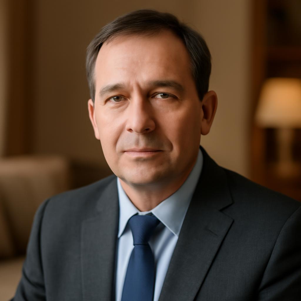 Дмитрий Козлов — портрет автора статьи, мужчина средних лет в деловом костюме на фоне домашнего интерьера