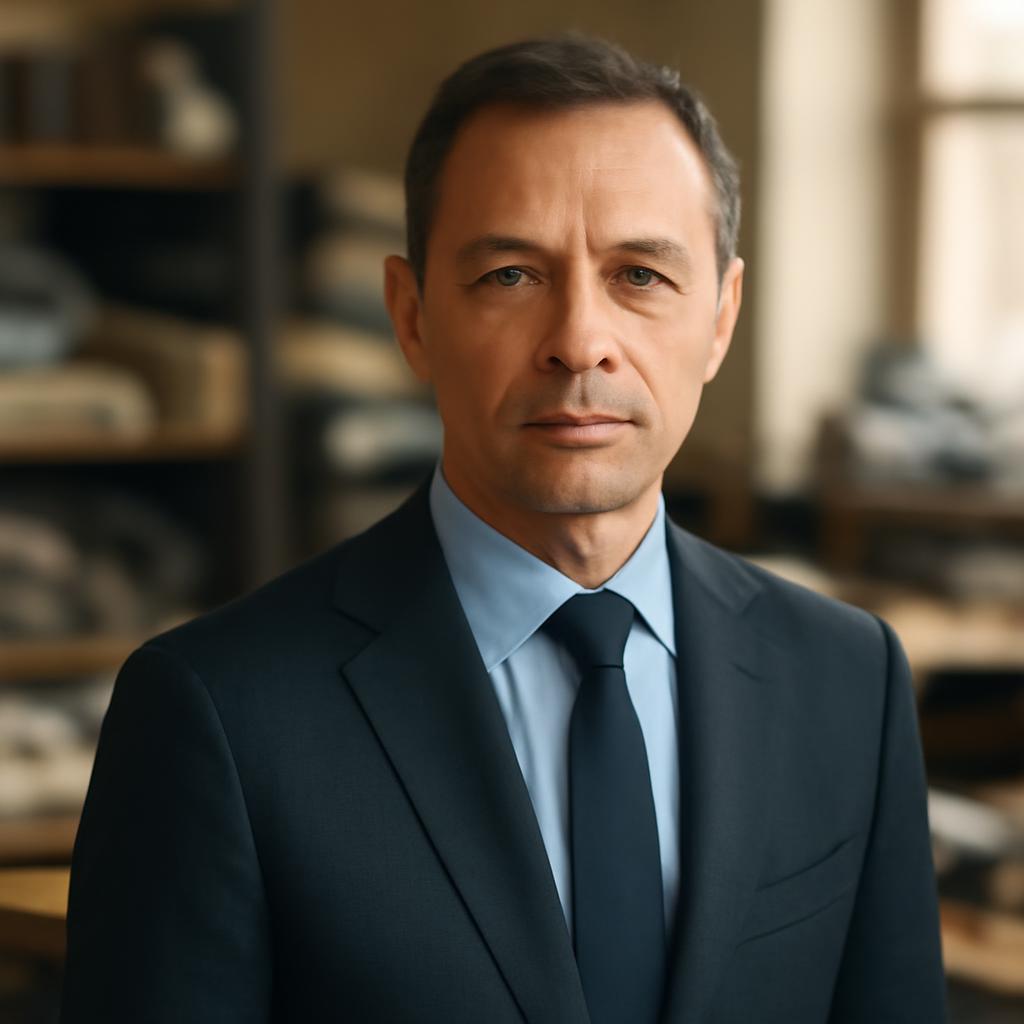 Дмитрий Козлов — портрет автора статьи, мужчина средних лет в деловом костюме на фоне текстильной мастерской