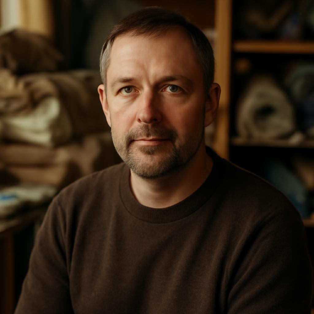 Дмитрий Соколов — портрет автора статьи, мужчина средних лет в мастерской с тканями