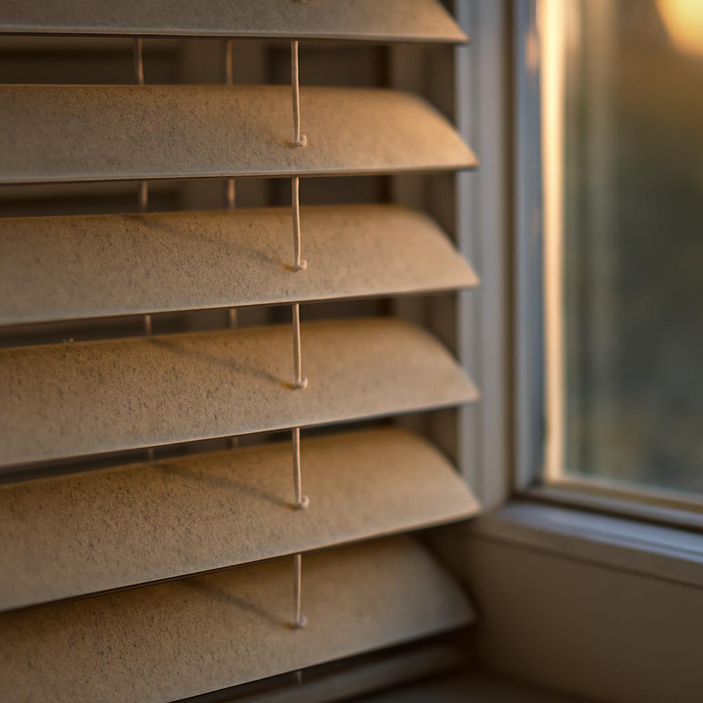 Жалюзи на пластиковом окне покрытые слоем пыли