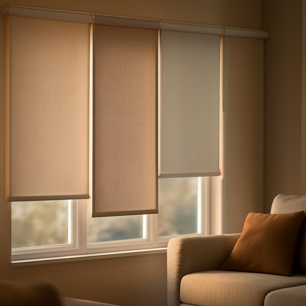 Различные виды кассетных рулонных штор в интерьере комнаты