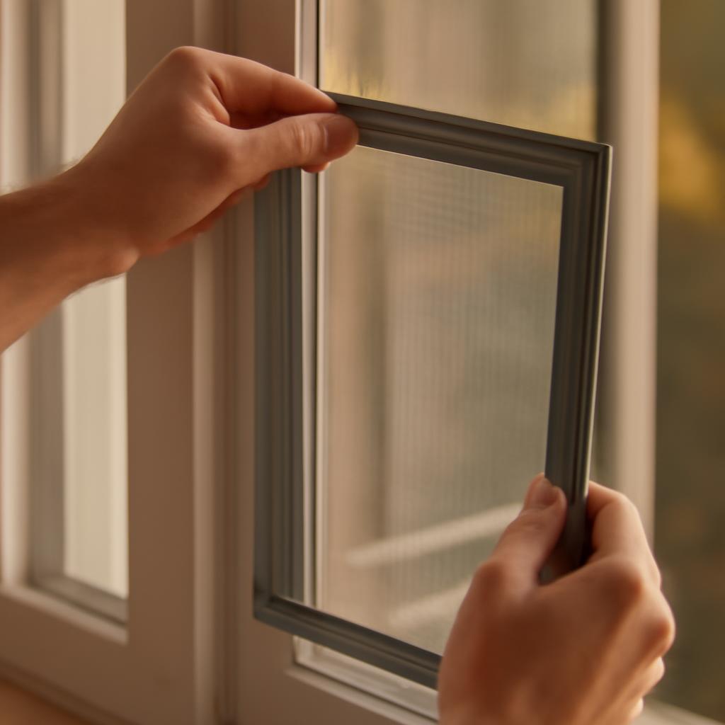 Рамная москитная сетка в процессе монтажа на окно
