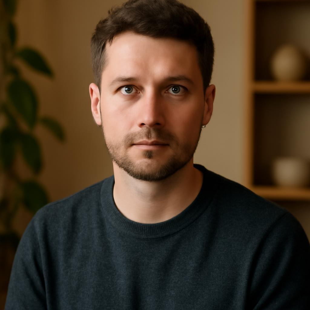 Сергей Воронин — портрет автора в студии с элементами дизайна интерьера