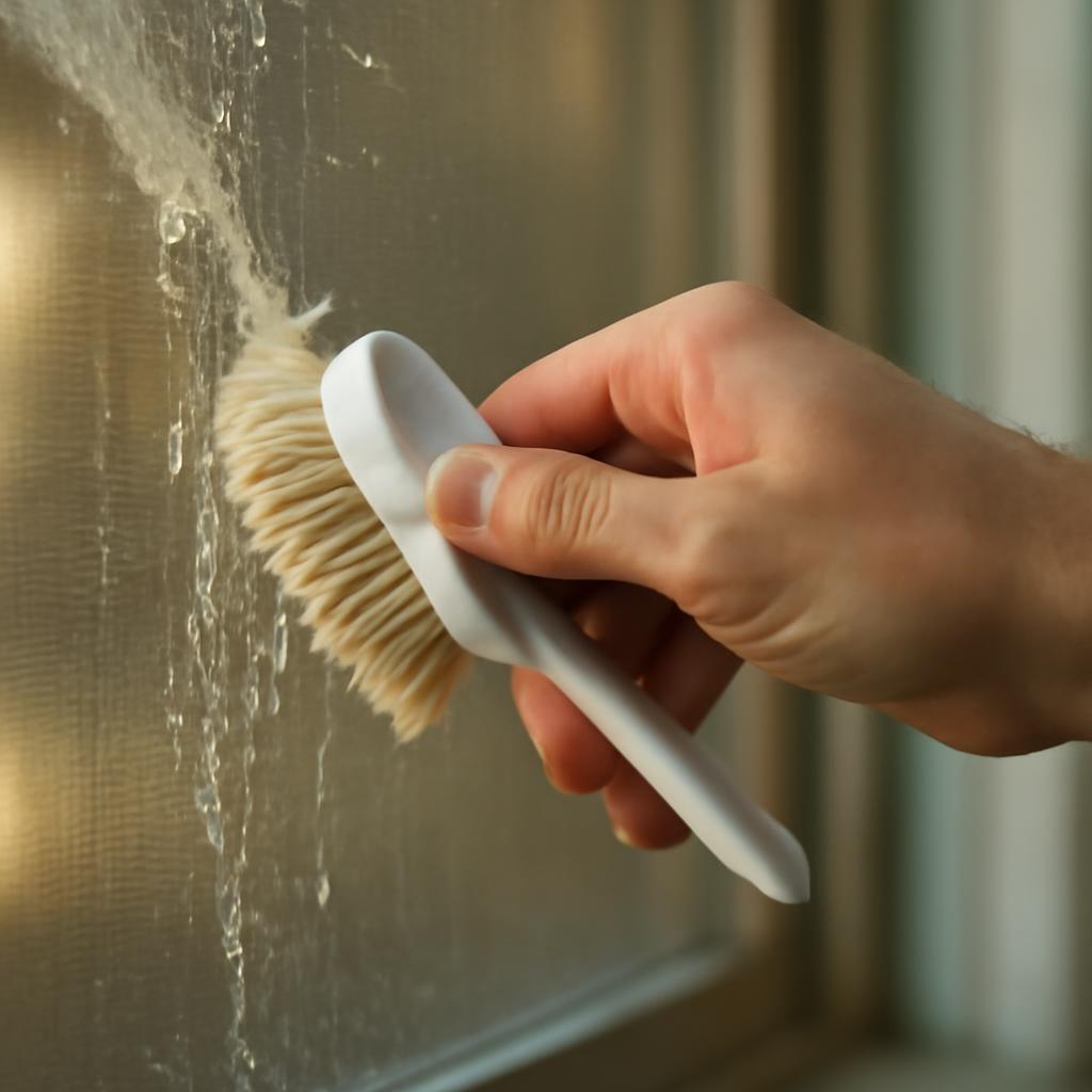 Очистка москитной сетки водой и щеткой