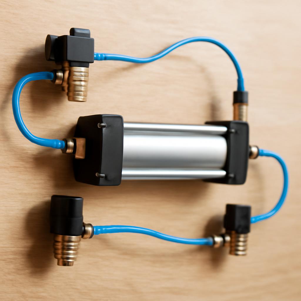 Схема принципа работы пневмоцилиндра с клапанами и датчиками