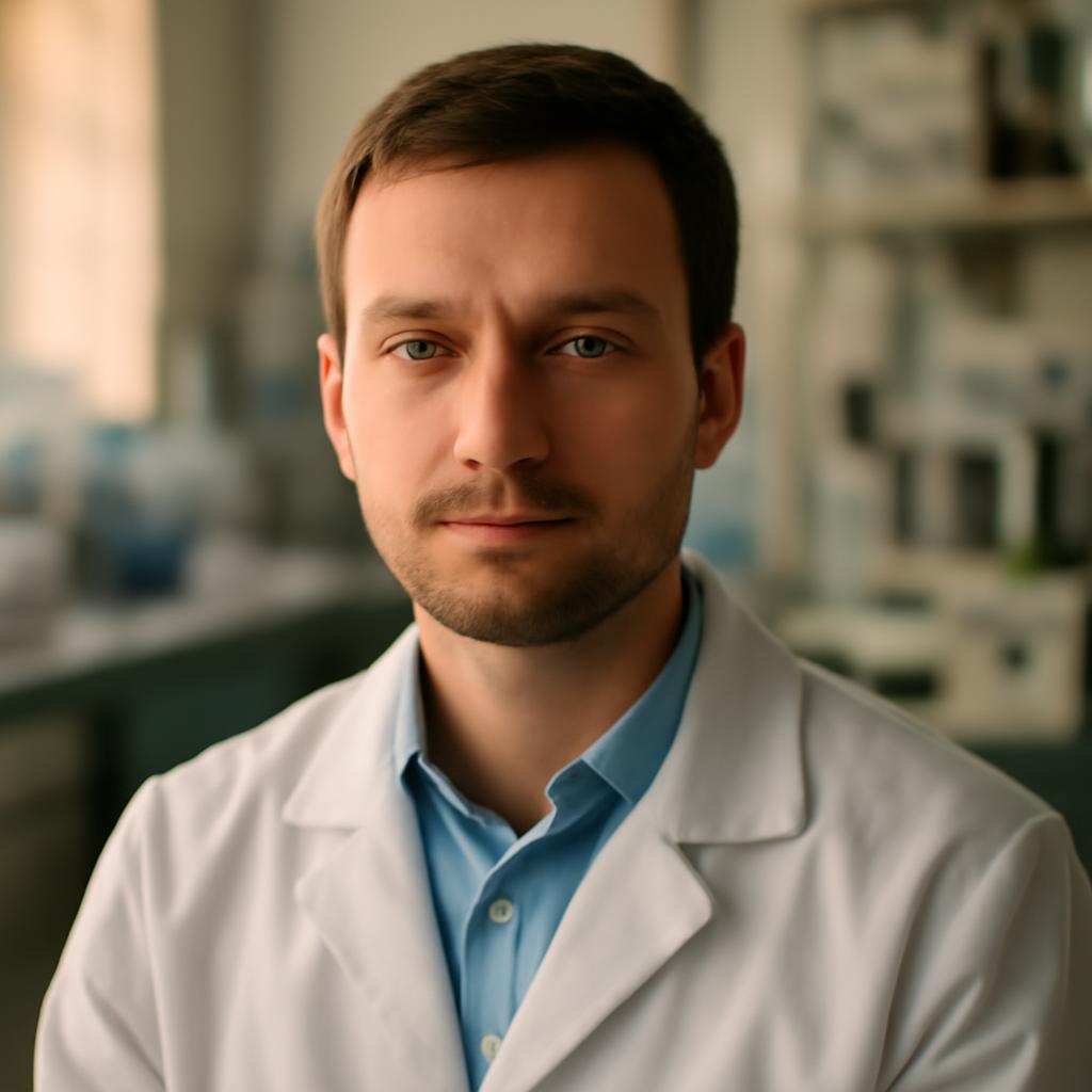 Дмитрий Соколов — портрет автора статьи, профессиональное фото инженера в лабораторной обстановке