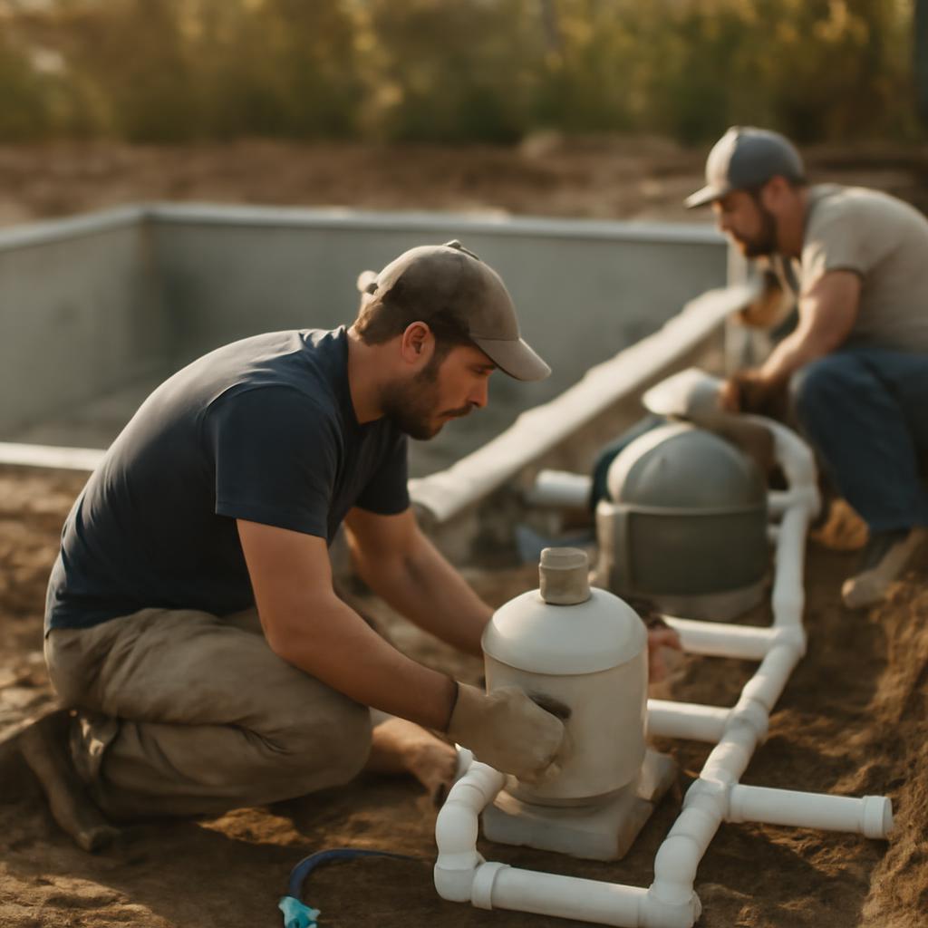 Рабочие устанавливают инженерные системы бассейна на участке в Краснодаре