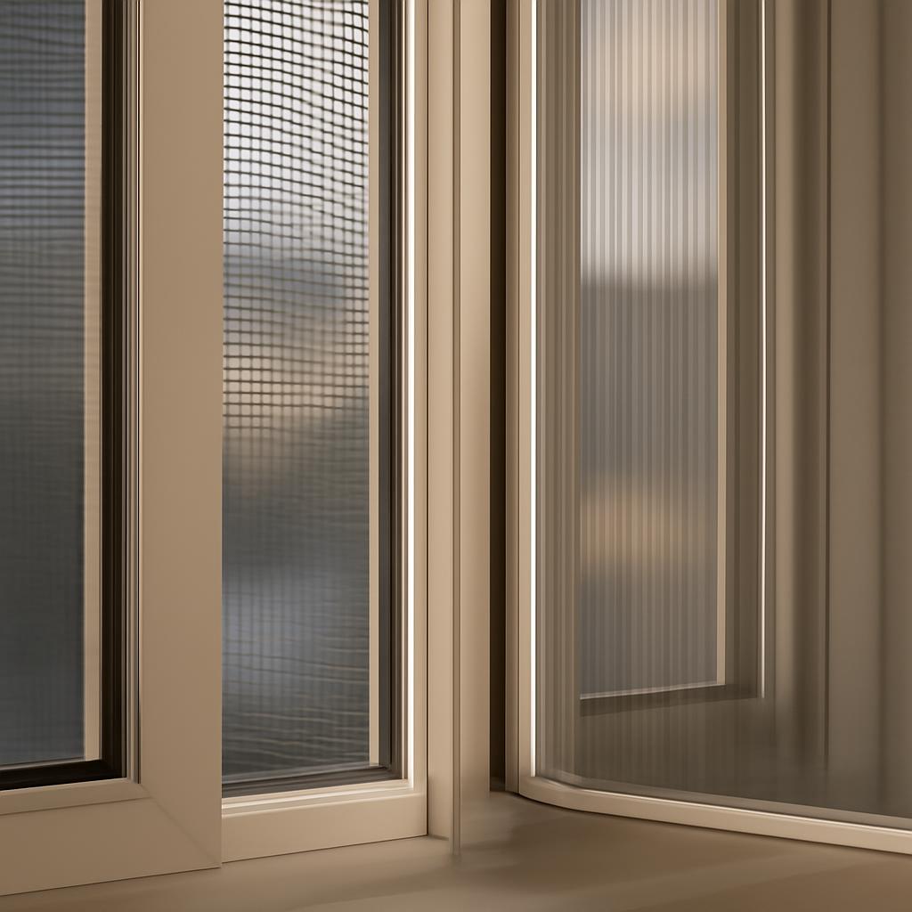 Различные типы москитных сеток на окнах квартиры