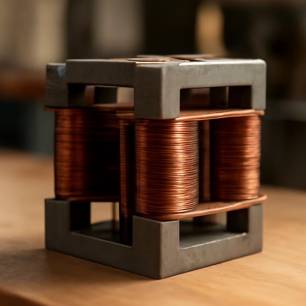 Сборка каркасного трансформатора с видимыми обмотками и каркасом