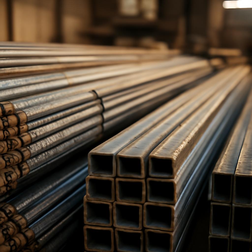 Склад металлобазы с рядами арматуры и профилей