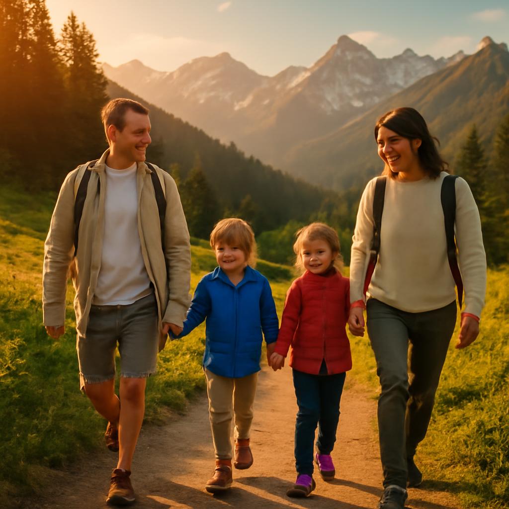 Семья с детьми на прогулке в горах Архыза