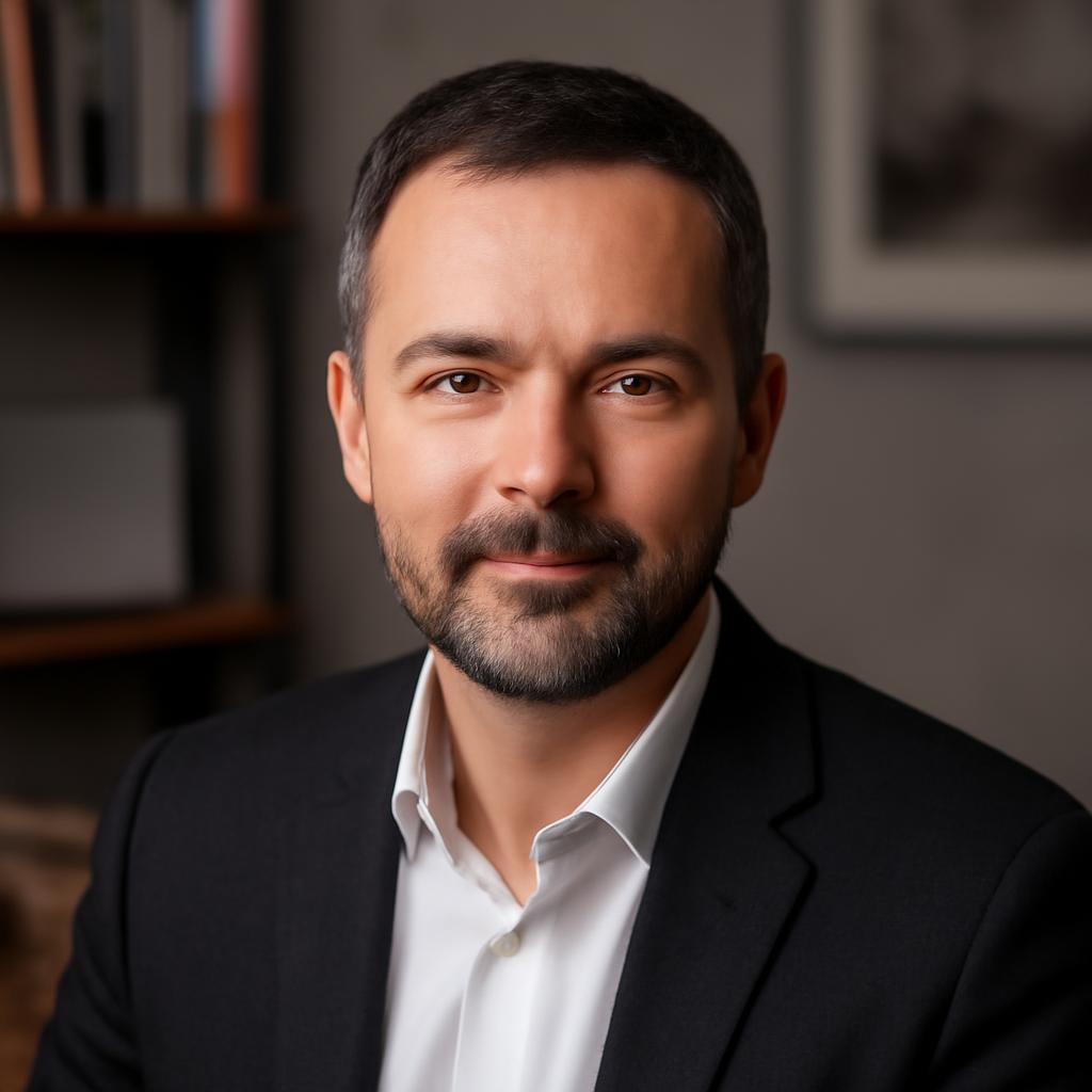 Евгений Мартынов &mdash; портрет автора статьи в профессиональной студии с элементами интерьера