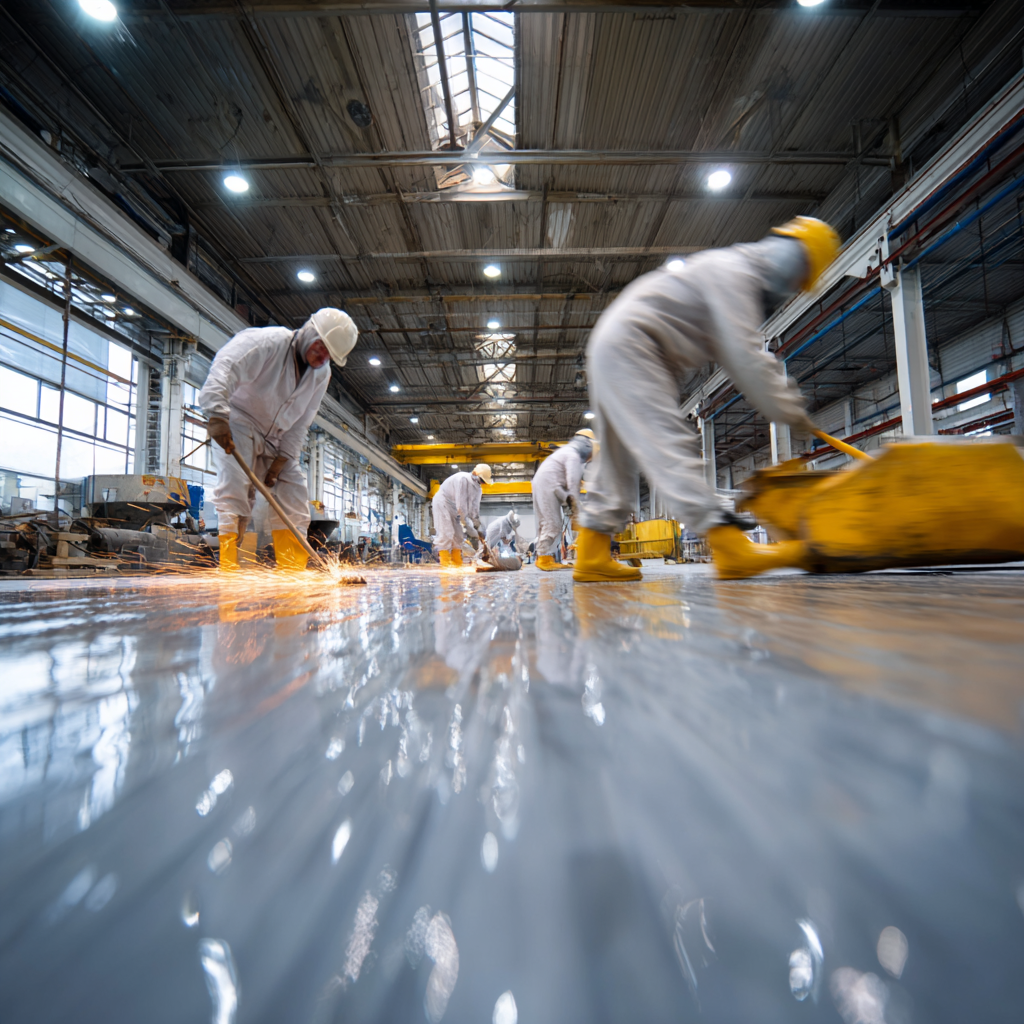 Монтаж полимерного промышленного пола в производственном цехе