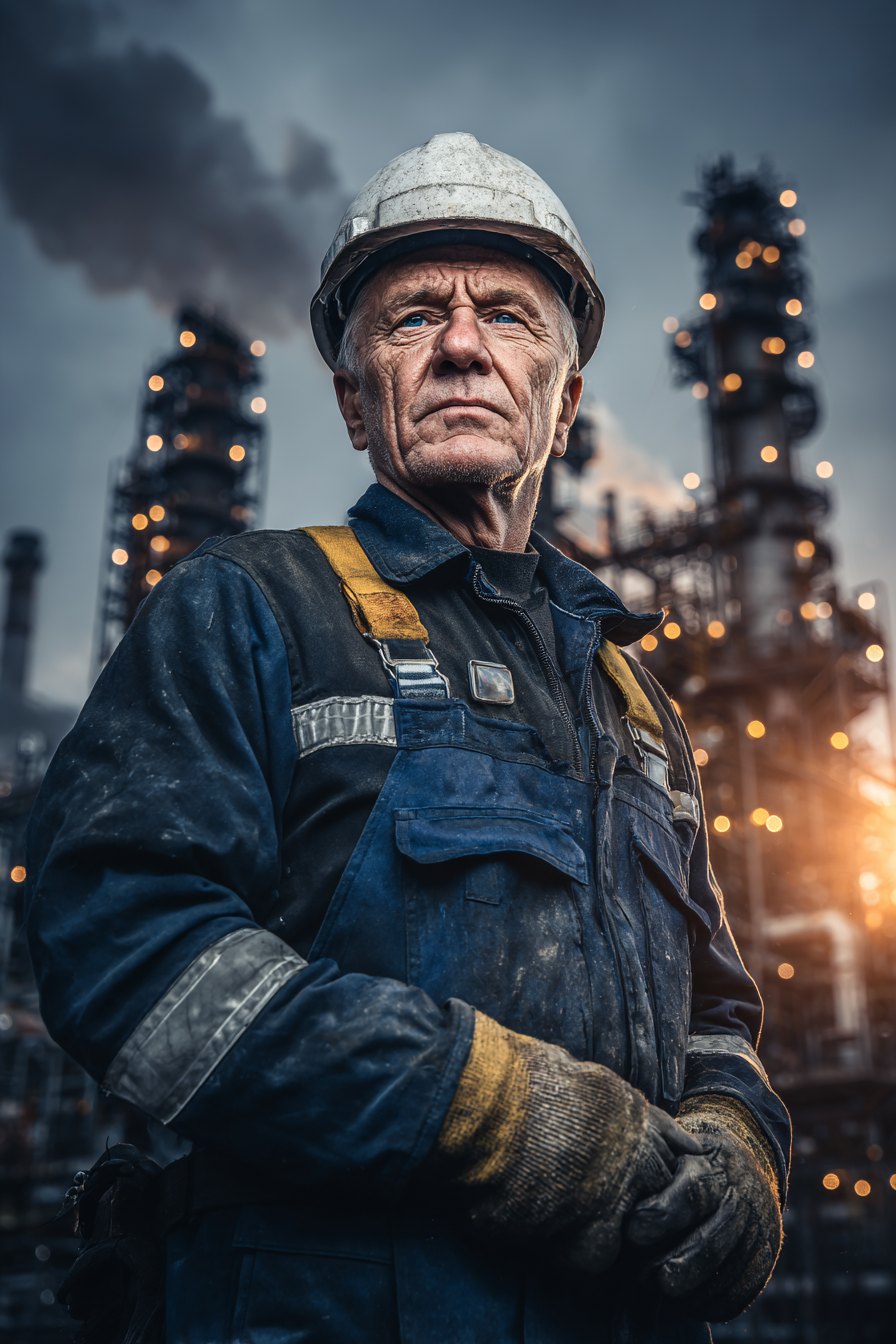 Сергей Козлов — портрет опытного инженера в рабочей одежде на фоне промышленного объекта