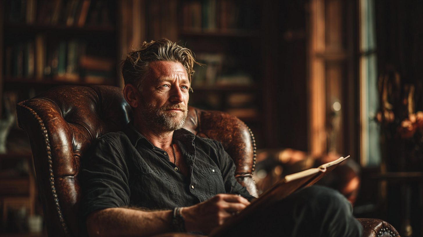 Человек в расслабленной позе вспоминает события, сидя в кресле с блокнотом