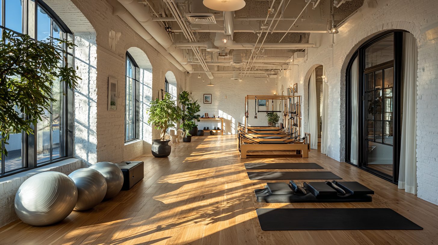 Интерьер современной пилатес-студии с оборудованием для занятий