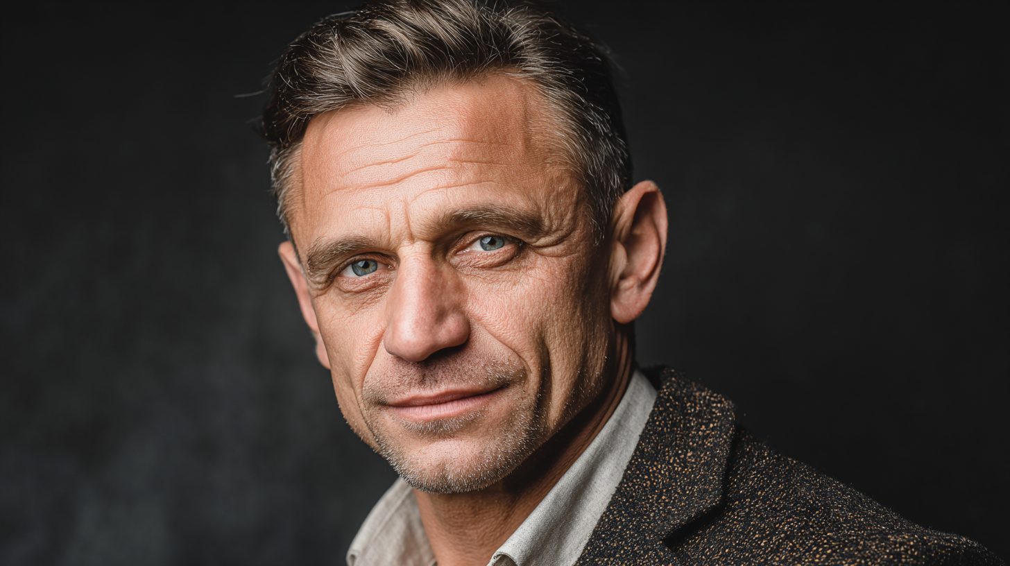 Дмитрий Козлов — профессиональное фото автора в студии с фокусом на уверенную позу и элементы упаковочных материалов на фоне