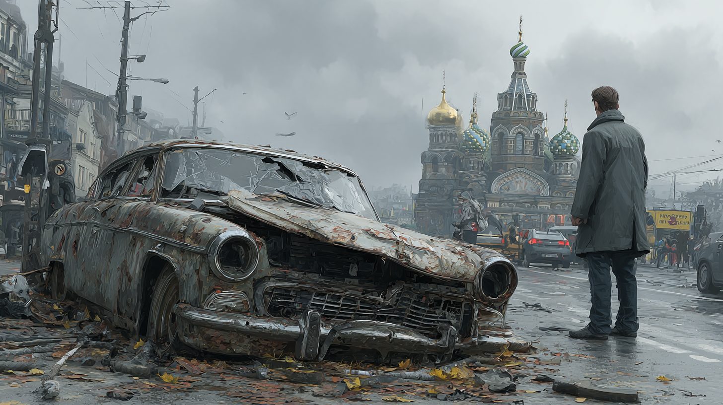 Фотореалистичное изображение сцены скупки битого автомобиля после аварии в Санкт-Петербурге: средний план, ракурс с низкой точки для динамич