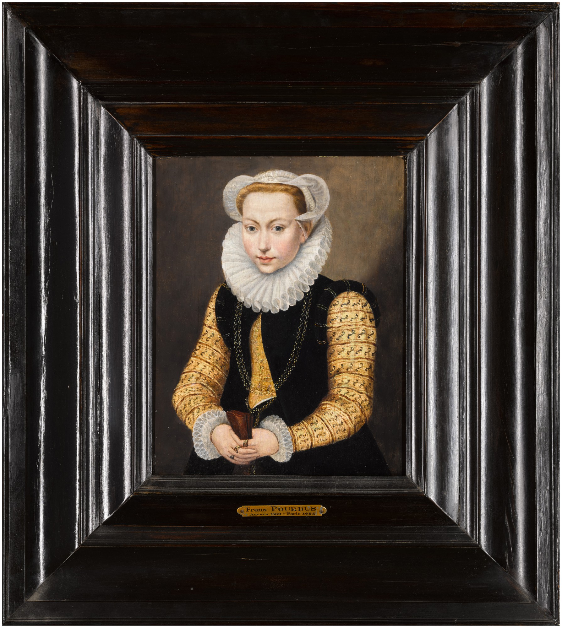 11 Portrait of a lady, three-quarter length, wearing a yellow and black embroidered dress, gold chains, and carrying gloves.jpg