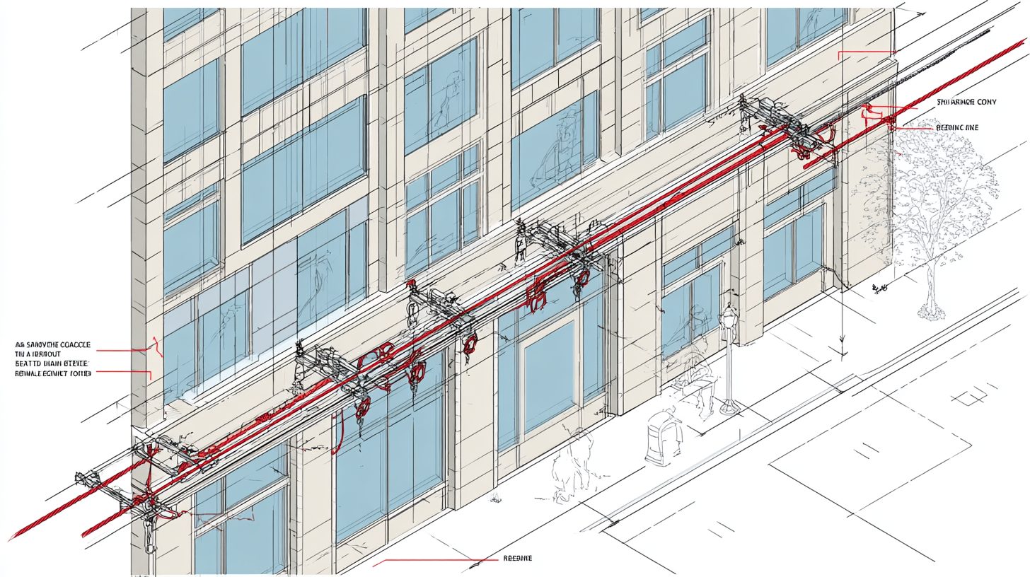 Схема стационарной горизонтальной анкерной линии с тросом и креплениями