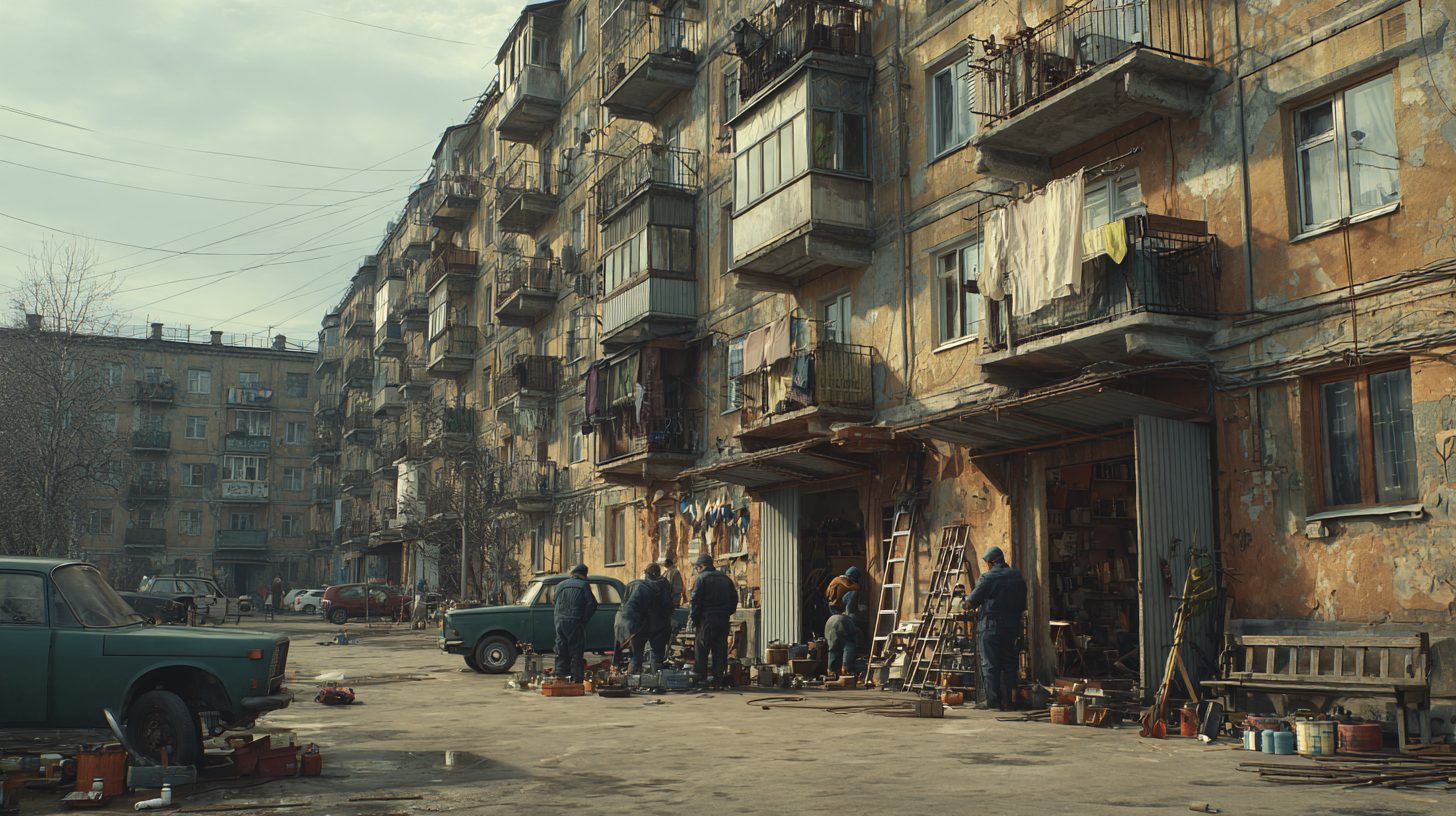 Установка рольставней на гаражные ворота в российском дворе