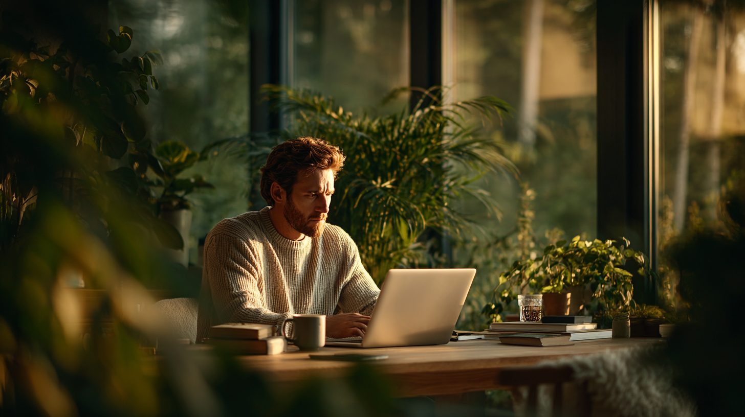 Человек работает удаленно за ноутбуком дома