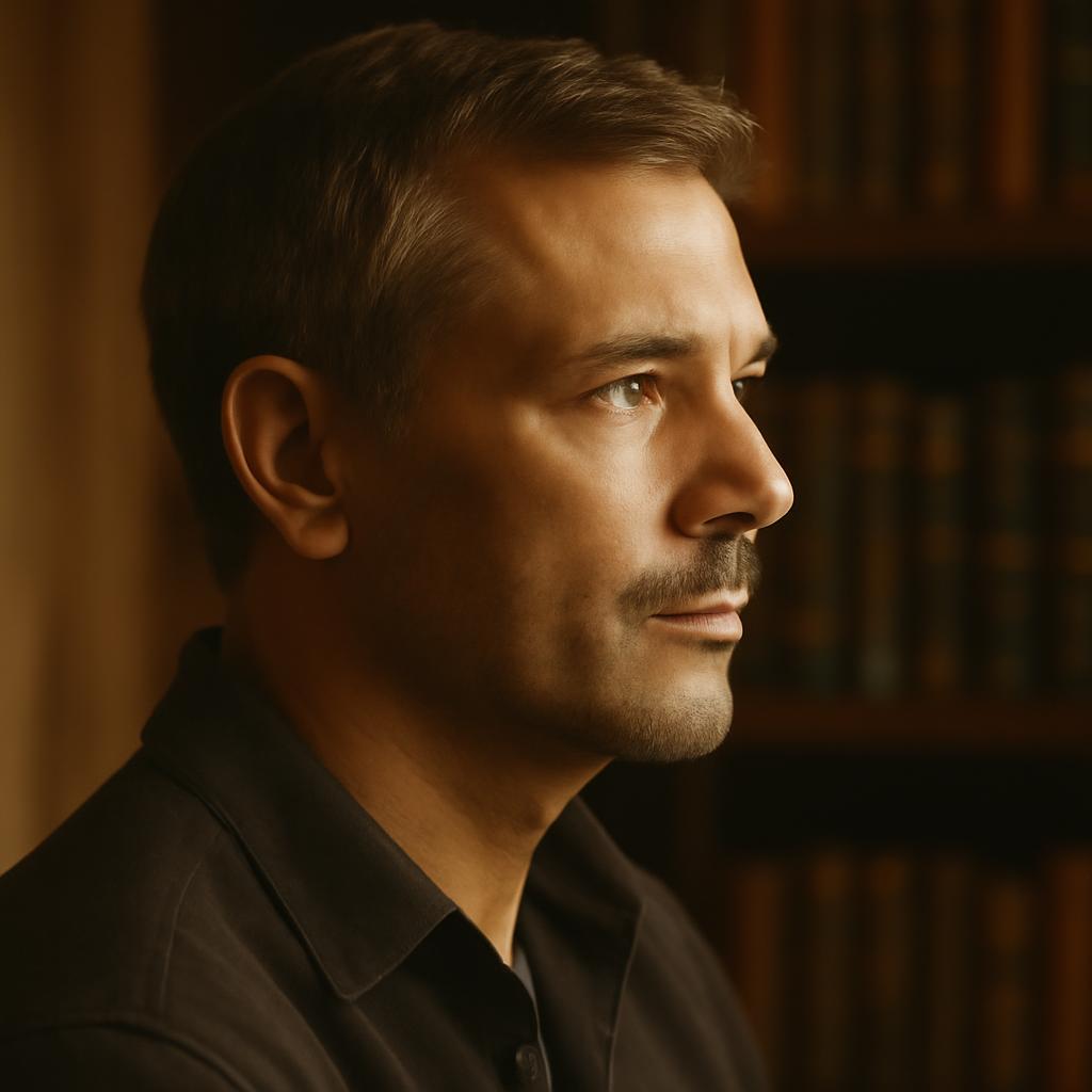 Дмитрий Соколов &mdash; портрет автора в профиль на фоне книг, возраст около 45 лет, с задумчивым выражением лица