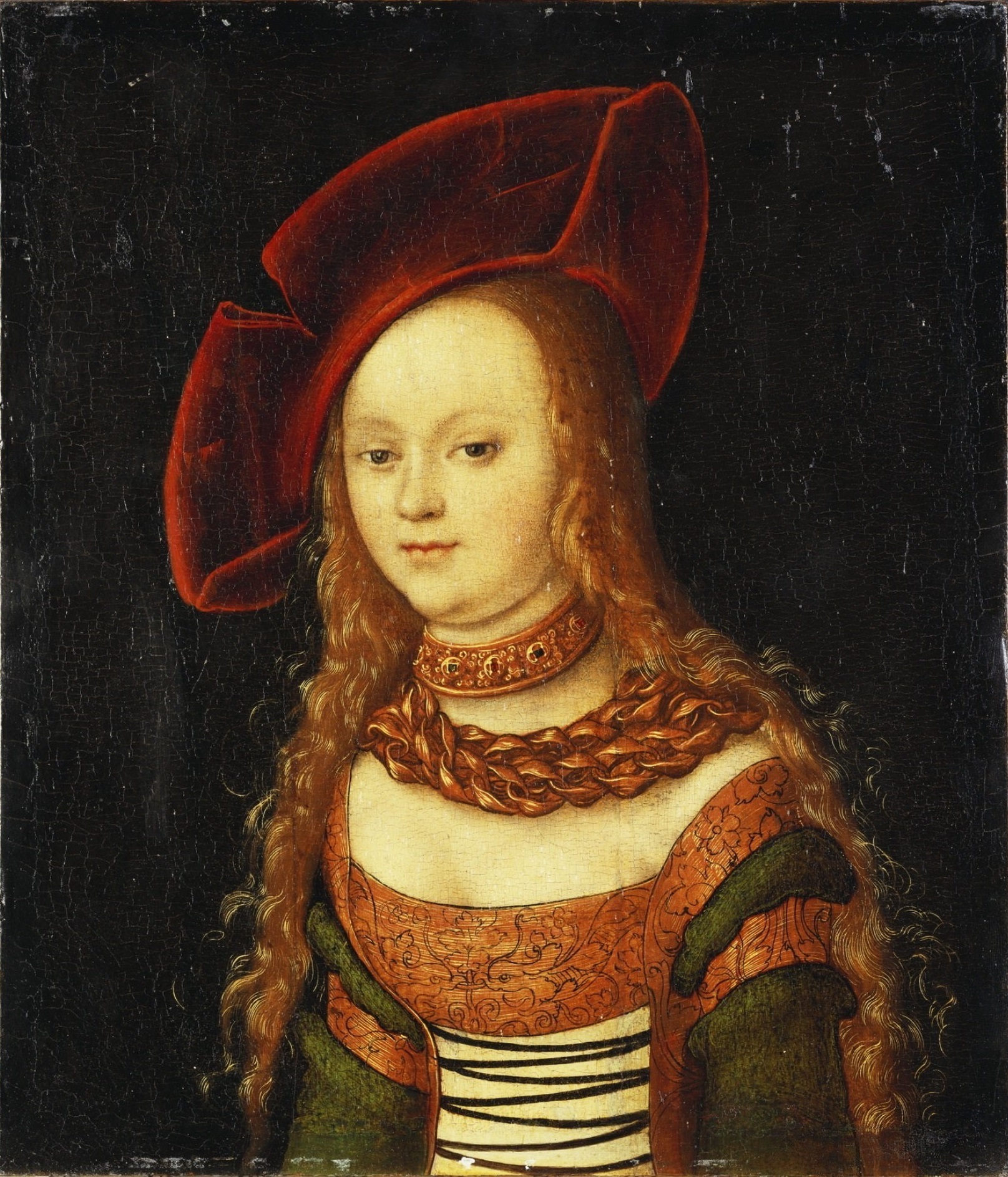50Lucas_Cranach_d.?. Portrait of a young girl, half length, wearing a green and gold.jpg