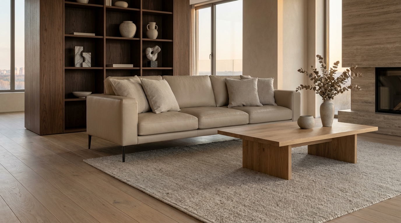 Мебель и декор в элитном интерьере тихой роскоши с натуральными материалами