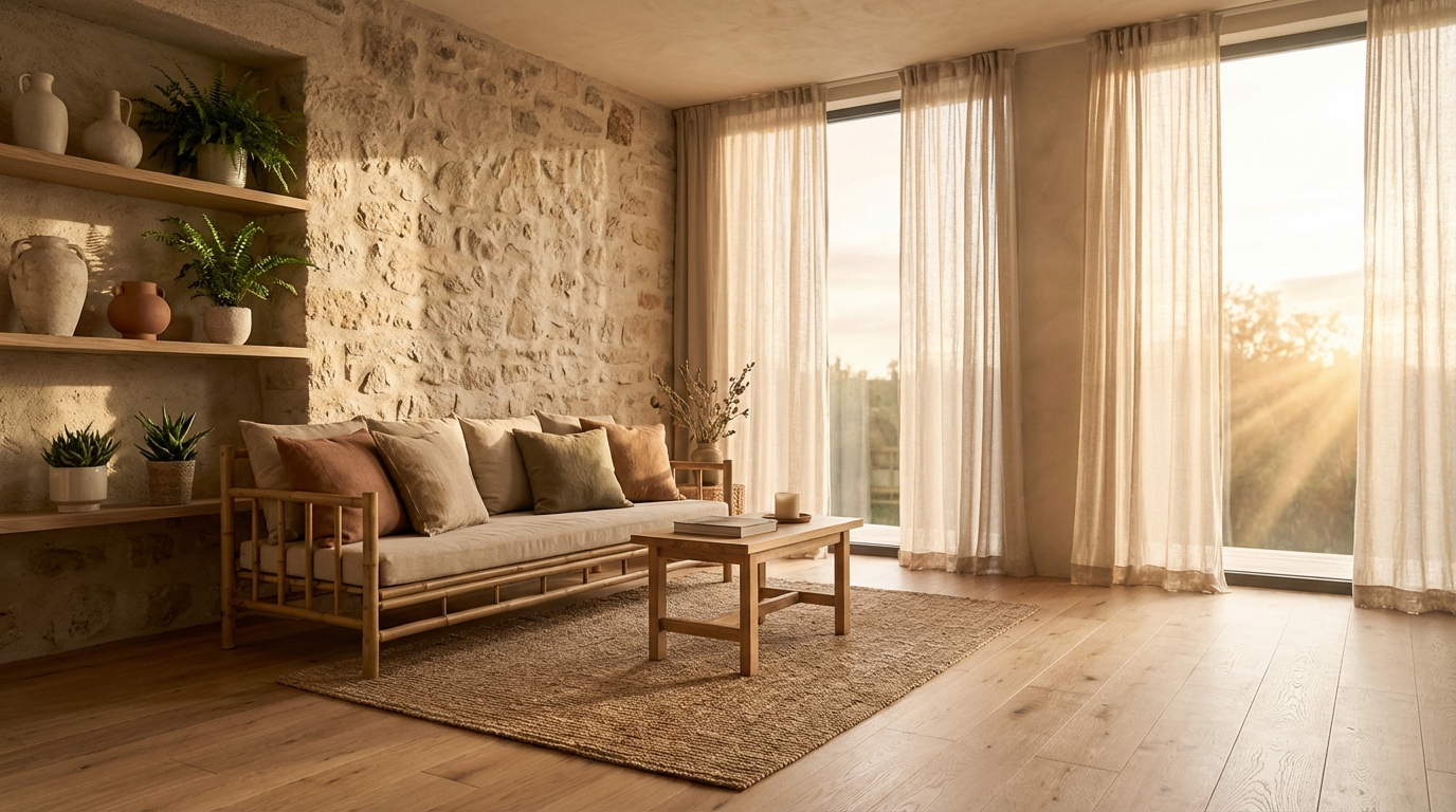 Пример комнаты в стиле дизайн-терапии с натуральными материалами и мягким освещением