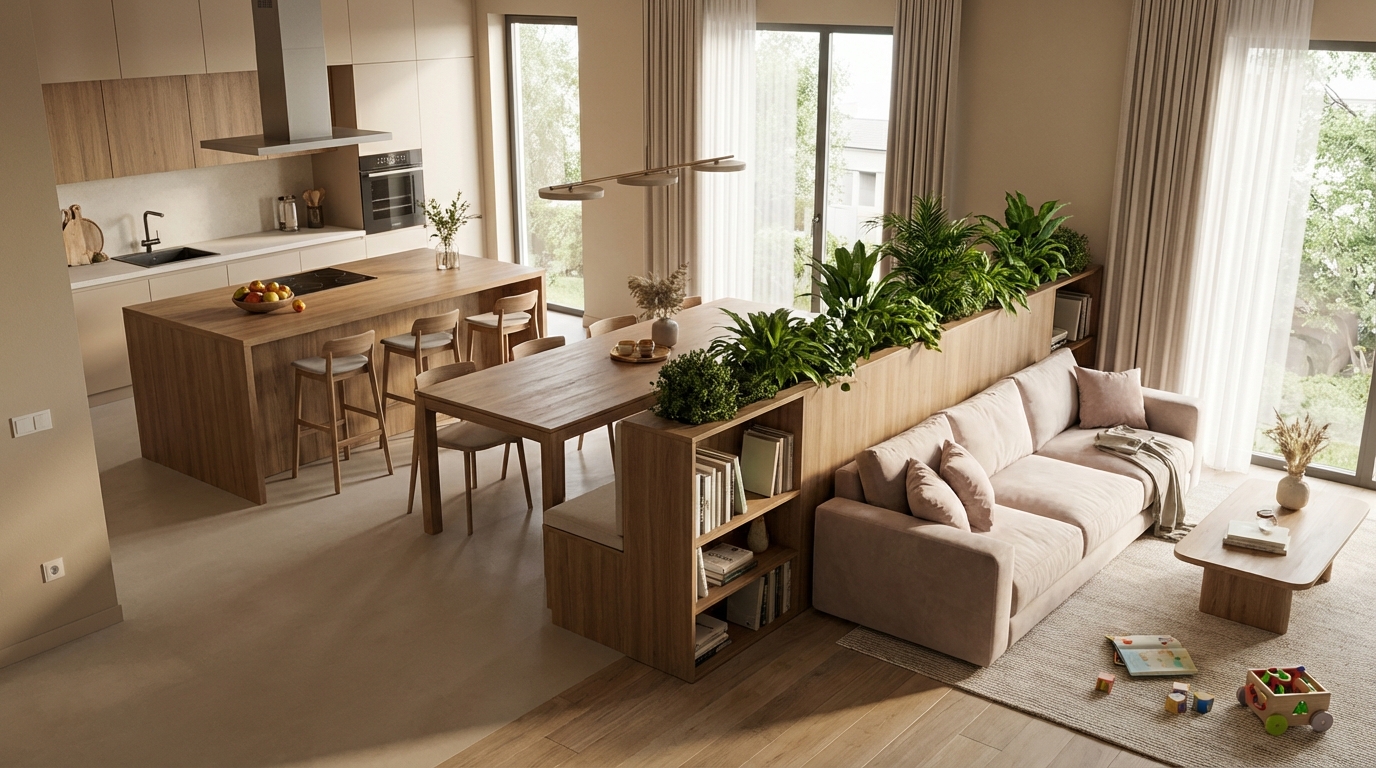 Схема зонирования кухни-гостиной с разделителями для семейного использования