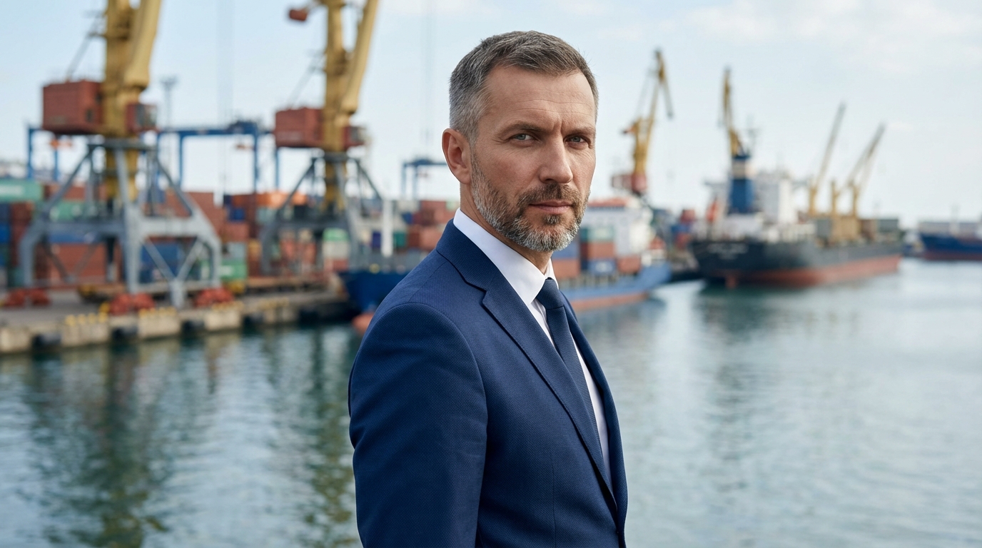 Дмитрий Соколов — портрет автора в деловом костюме на фоне порта