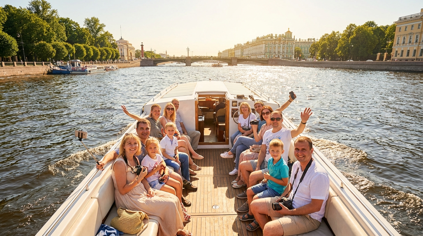 Катер с туристами на Неве под летним солнцем в Петербурге