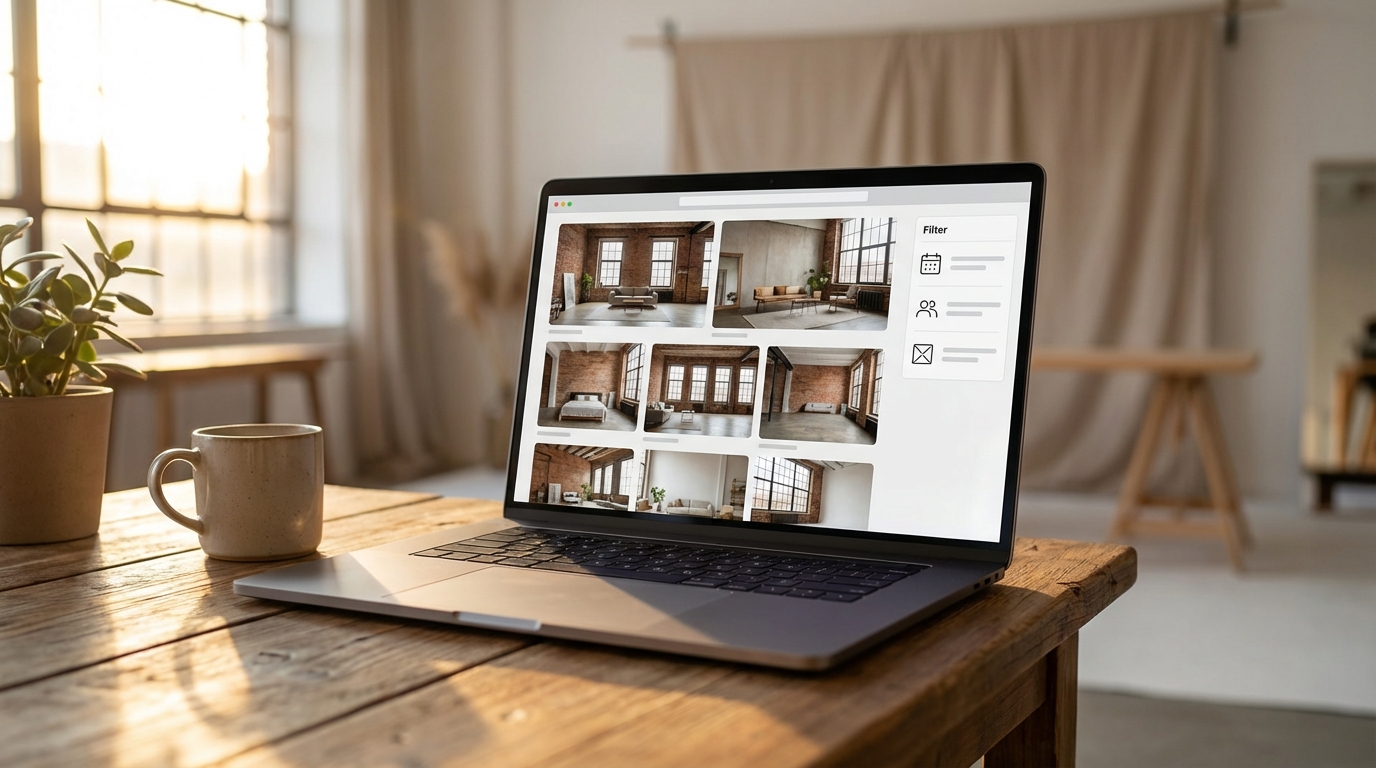 Интерфейс онлайн-бронирования лофт-пространства с фильтрами и фото