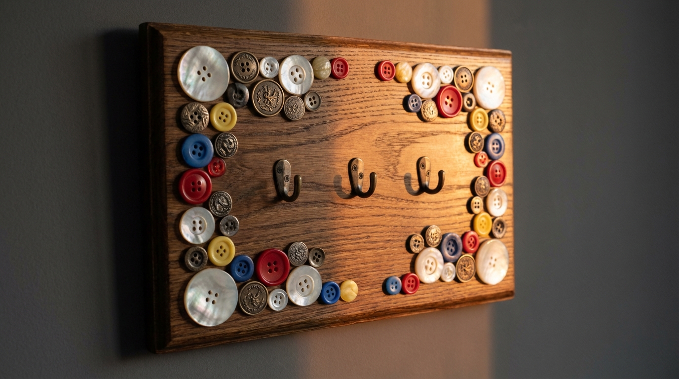 Пуговицы в качестве декора на деревянной панели для ключей