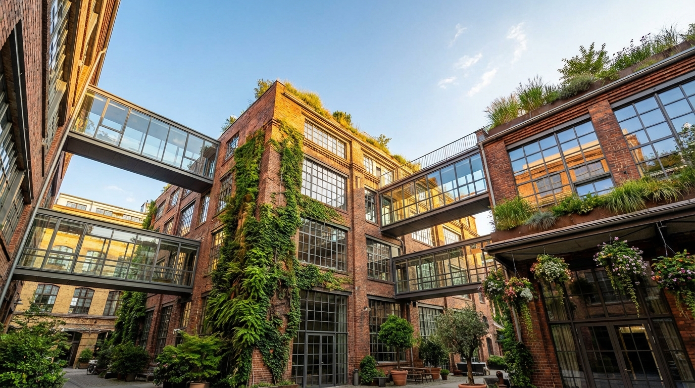 Современный лофт-кластер в европейском городе с зелеными элементами