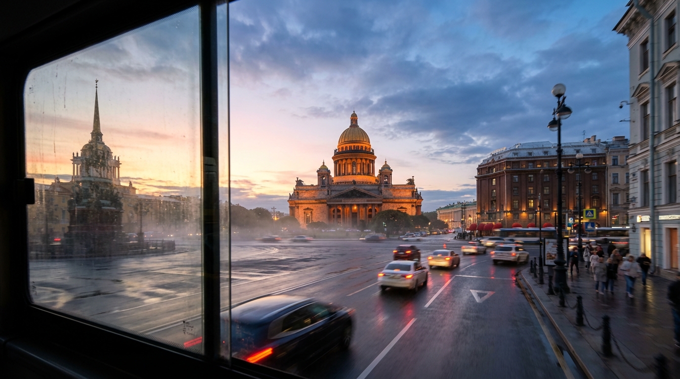 Вечерняя панорама Петербурга из экскурсионного автобуса